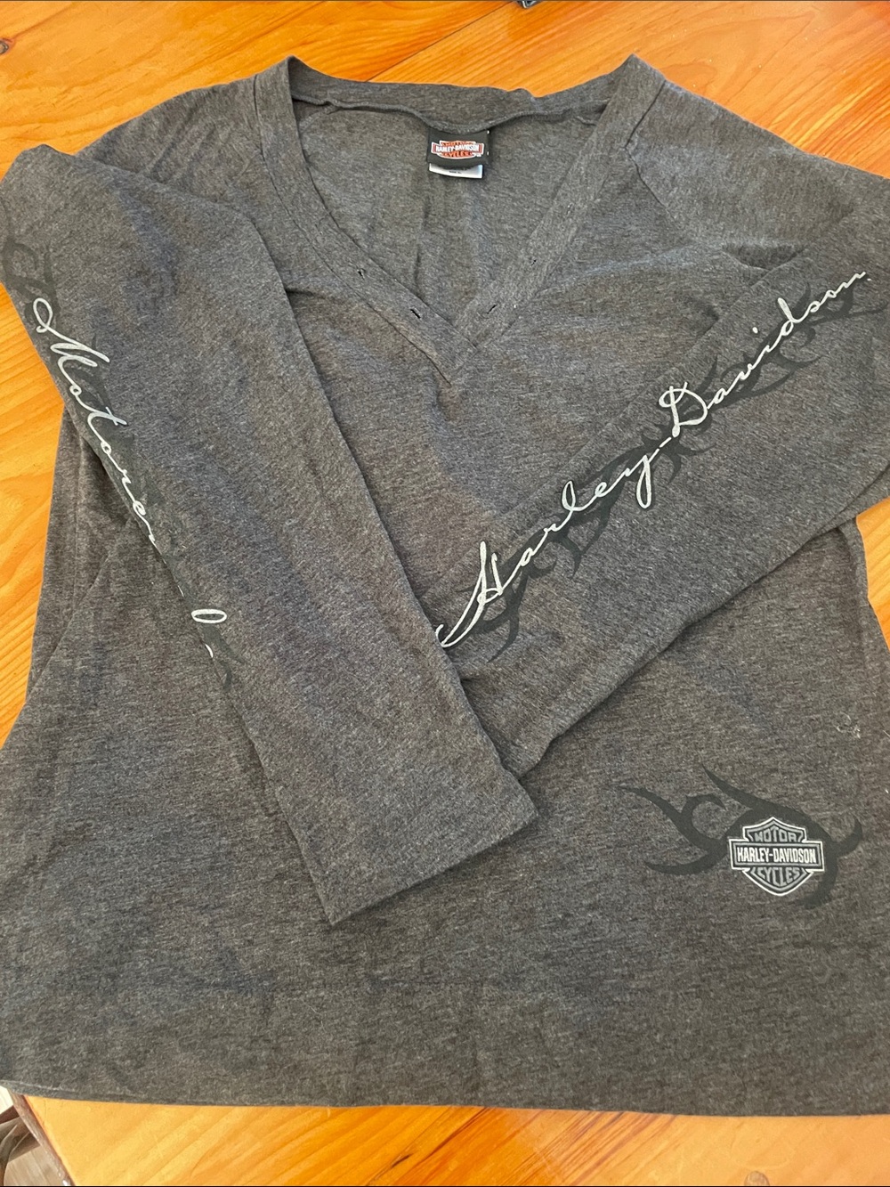 Harley-Davidson Dark Gray V-Neck Long Sleeve Tee with Script Sleeves